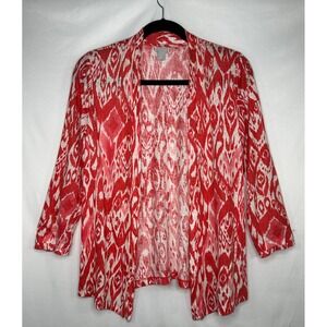 Chico's Red White Ikat Linen Open Front Cardigan Lightweight 3/4 Sleeve Size 2 L